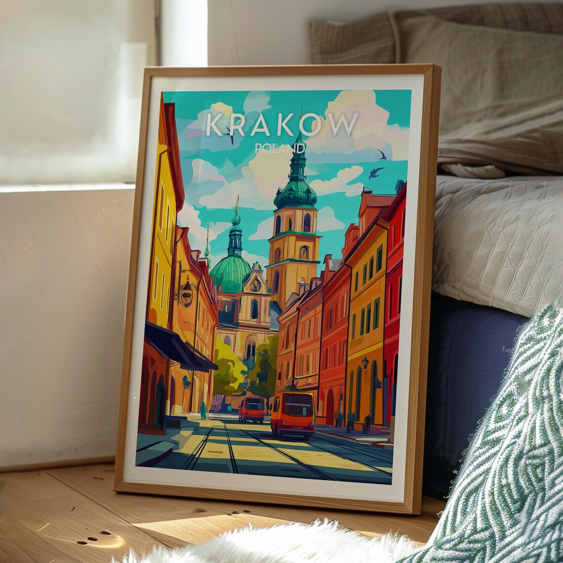 Krakow Poland Historic Old Town Church Red Tram Travel Poster - Image 3