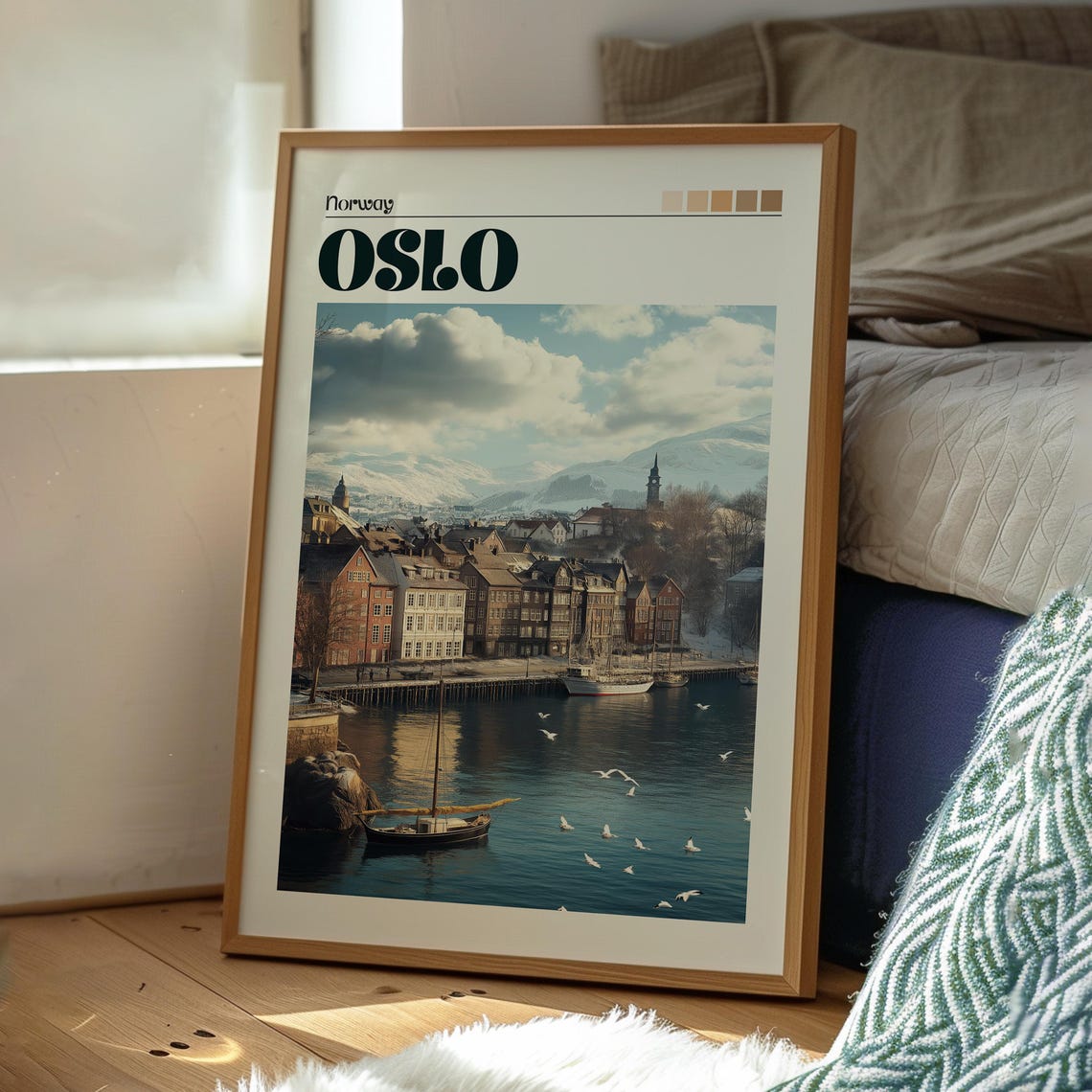 Oslo Norway Snowy Harbor Sailboat Seagulls Waterfront Travel Poster - Image 3