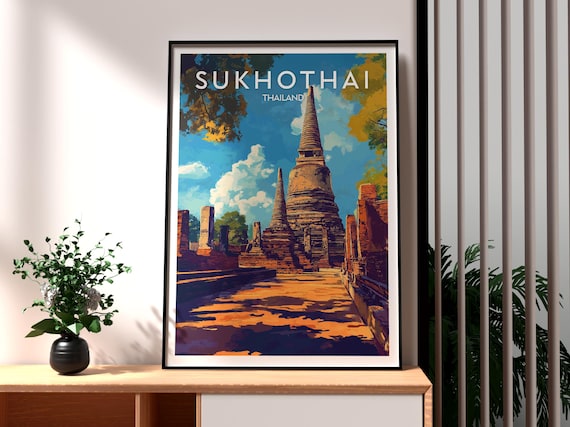 Sukhothai Thailand Ancient Temple Stupa Ruins Vintage Travel Poster