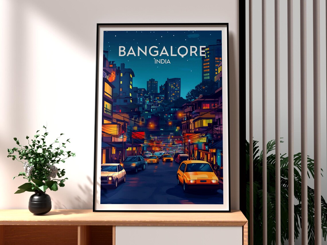 Bangalore India Night City Street Taxis Skyline Vintage Travel Poster