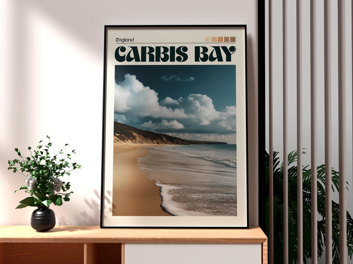 Carbis Bay England Sandy Beach Ocean Waves Cornwall Travel Poster
