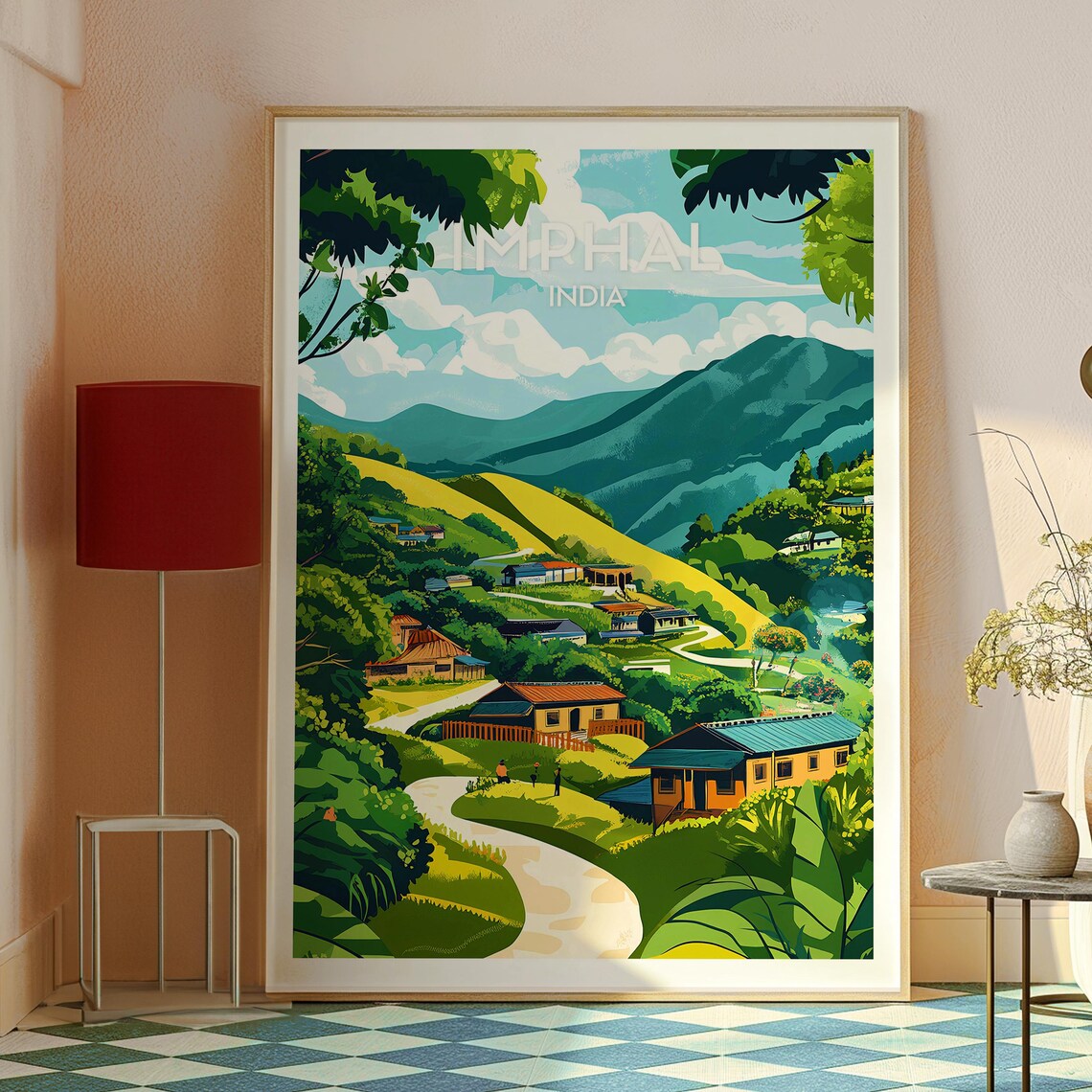Imphal India Green Hills Village Houses Winding Road Travel Poster - Image 2