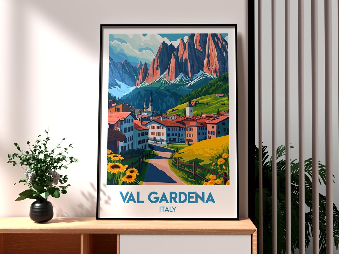 Val Gardena Italy Dolomites Alpine Village Sunflower Art Poster