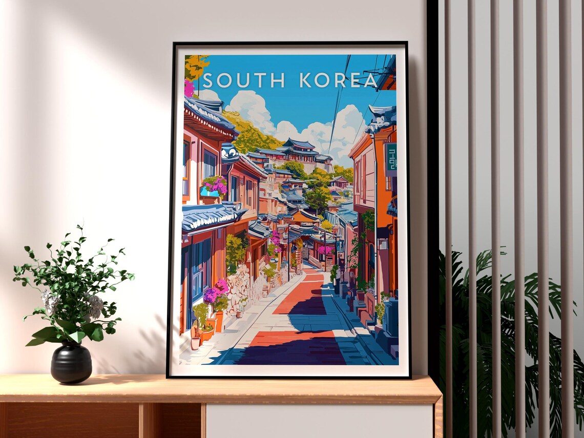 South Korea Traditional Hanok Street Palace Hill Vintage Travel Poster
