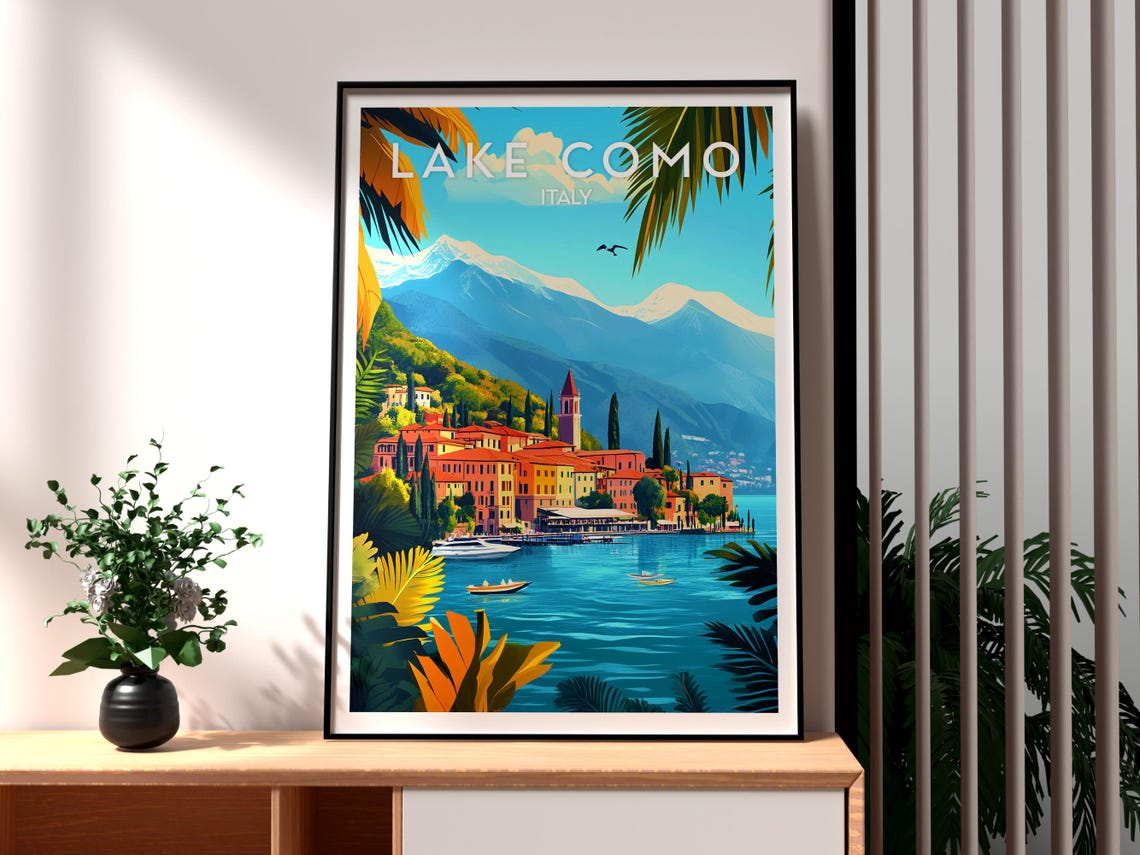 Lake Como Italy Lakeside Town Alpine Peaks Palm Fronds Poster