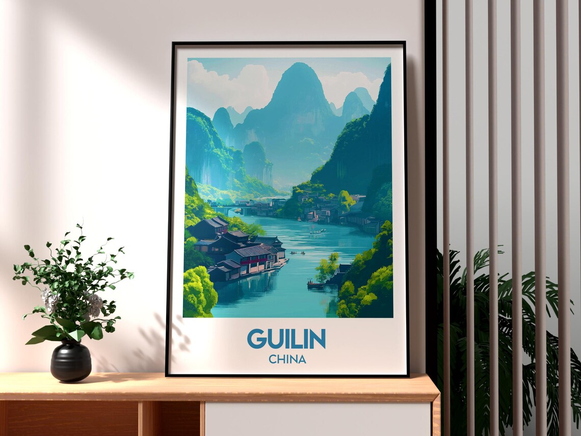 Guilin China Karst Mountain River Village Landscape Travel Poster