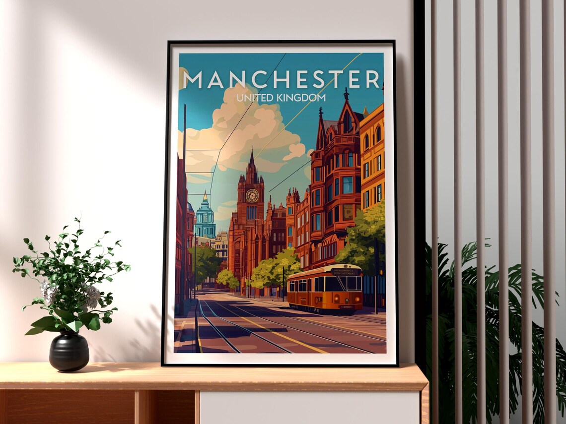 Manchester United Kingdom Tram Clock Tower Brick Travel Poster