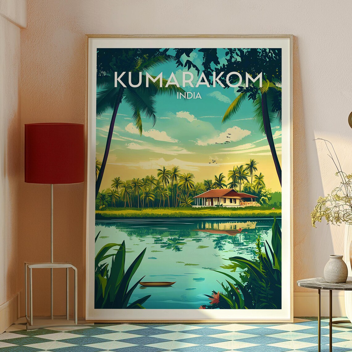 Kumarakom India Backwaters Palm Grove Canoe Kerala Travel Poster - Image 2