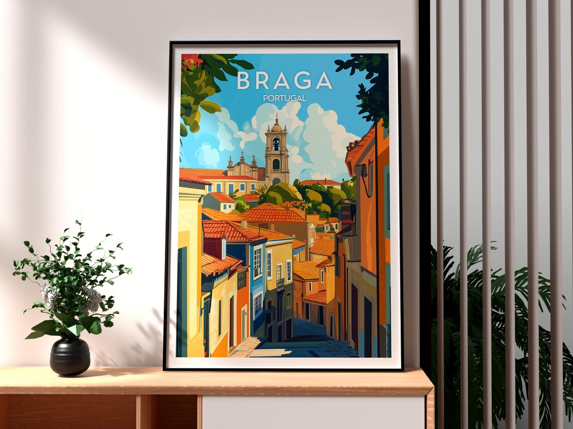 Braga Portugal Historic Old Town Baroque Church Tower Travel Poster