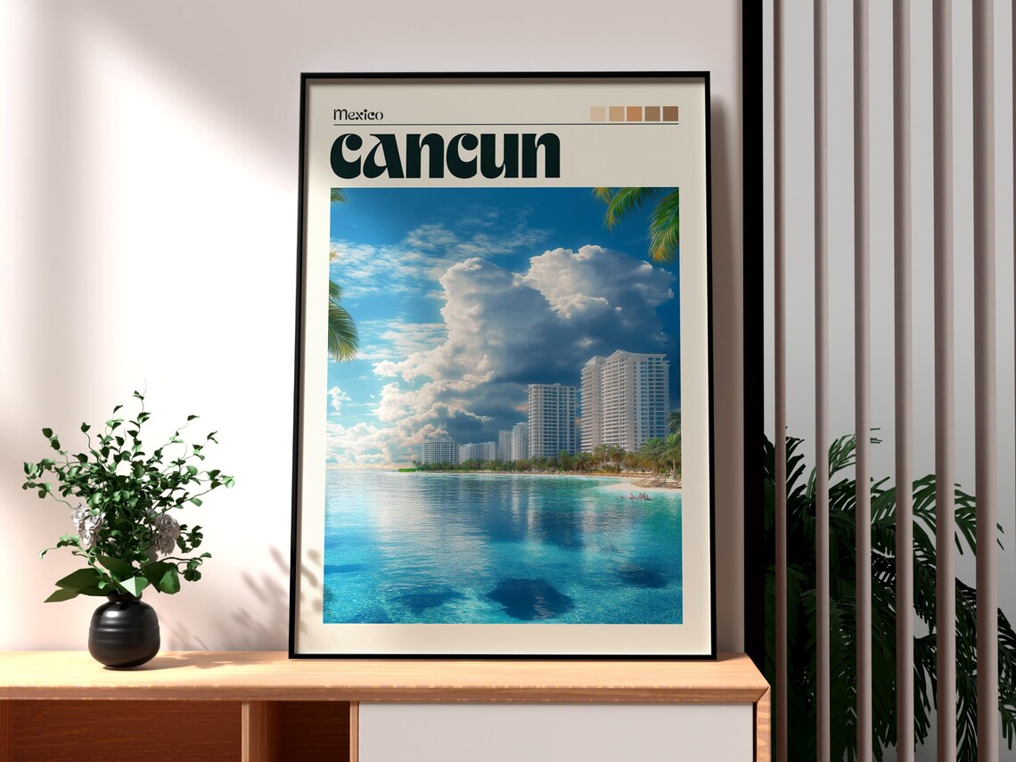 Cancun Mexico Turquoise Beach Resort Skyline Vacation Travel Poster