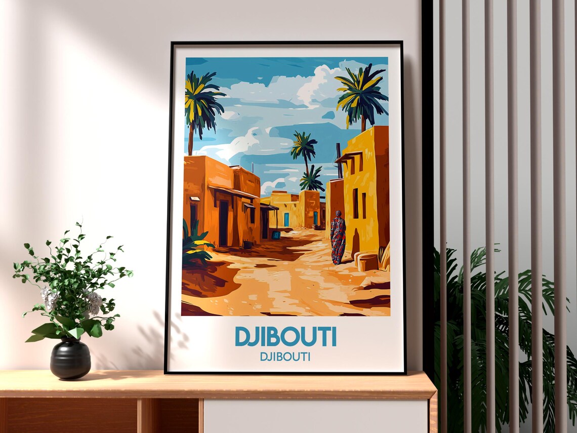Djibouti Africa Desert Village Adobe Street Palm Trees Poster