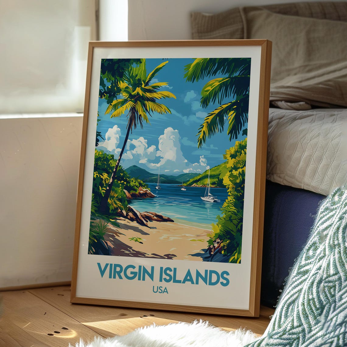 Virgin Islands Beach Palm Trees Sailboats Tropical Travel Poster - Image 3