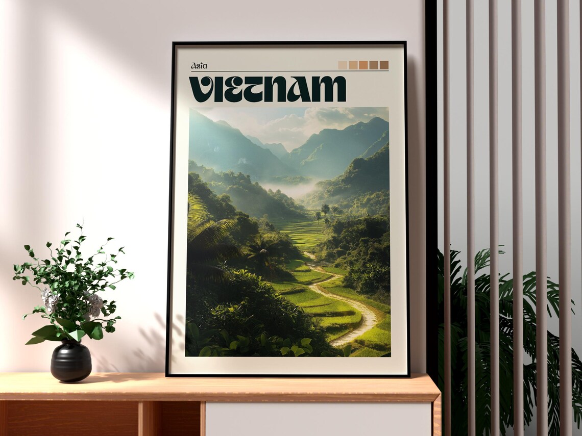 Vietnam Asia Rice Terraces Misty Mountain Valley Green View Poster