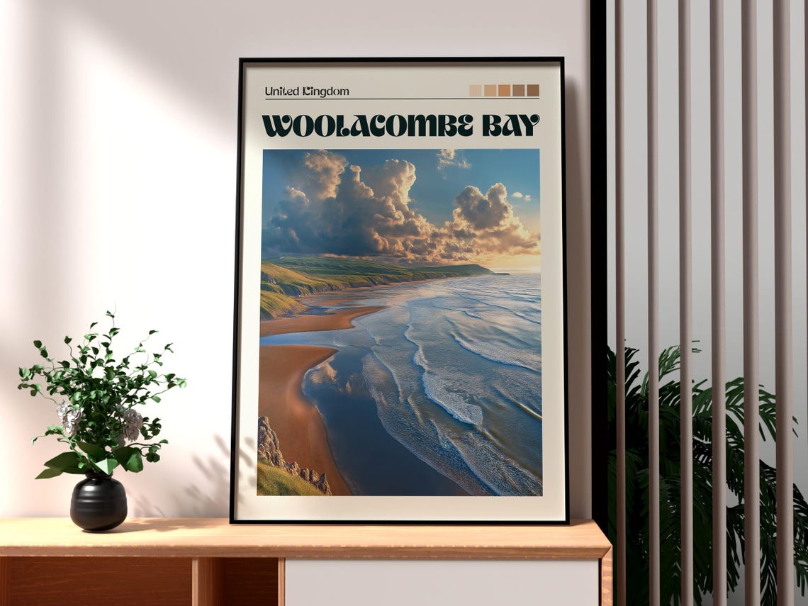Woolacombe Bay England Sandy Beach Coast Surf Waves Travel Poster