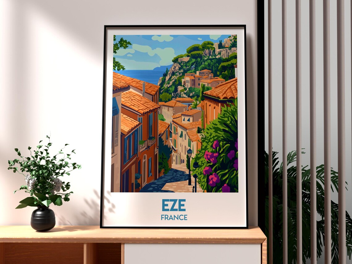 Eze France Retro Travel Poster Riviera Hilltop Village Sea View
