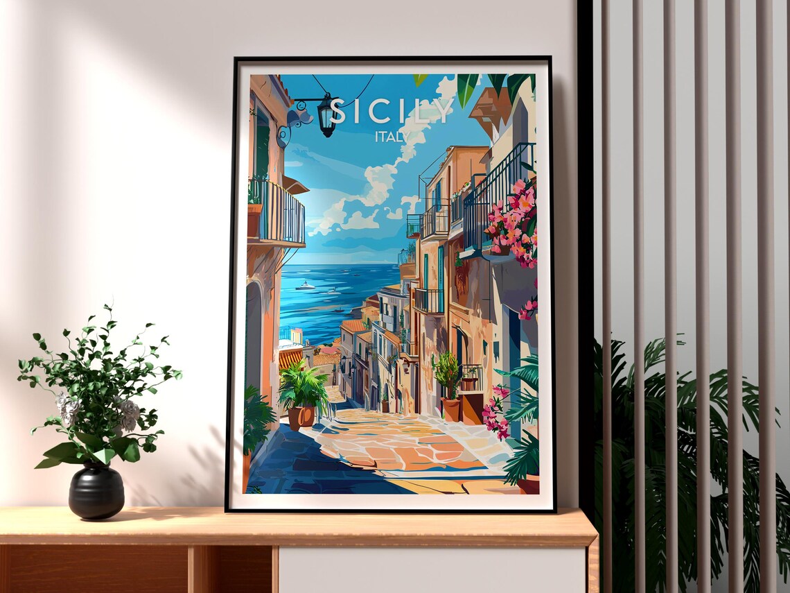 Sicily Italy Sunlit Seaside Lane Vintage Coastal Village Poster