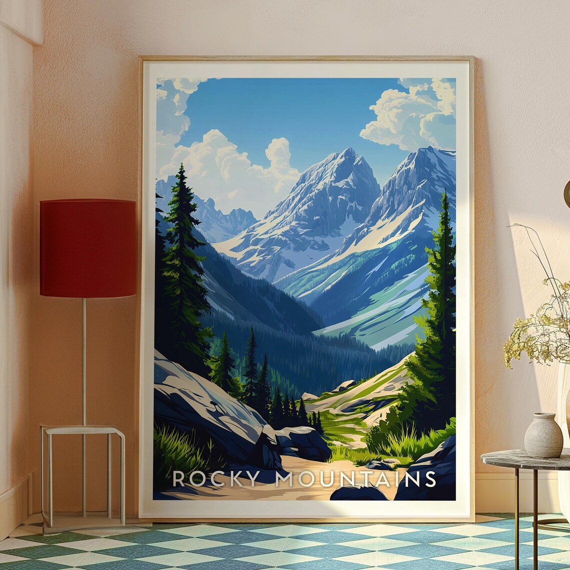Rocky Mountains Snowy Peaks Pine Forest Trail Hiking Travel Poster - Image 2