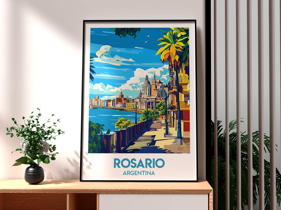 Rosario Argentina Riverfront Promenade Palm Skyline Travel Poster