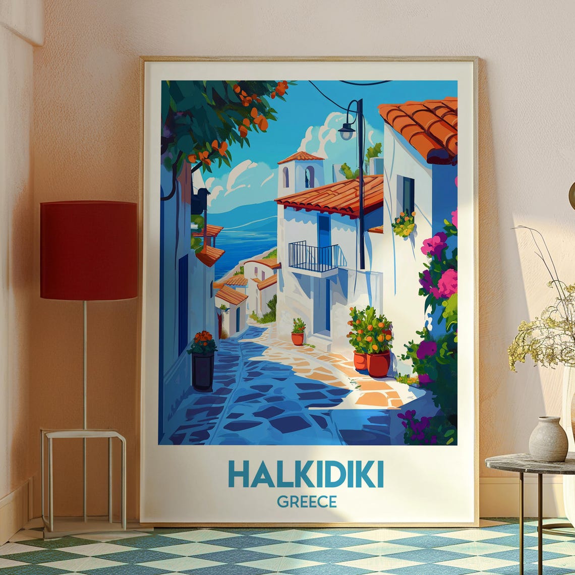 Halkidiki Greece Retro Travel Poster White Village Blue Sea Art - Image 2