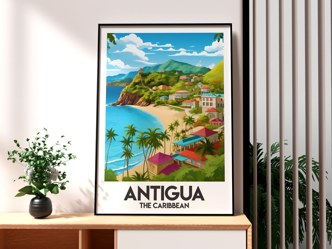Antigua Caribbean Sandy Beach Palm Trees Hillside Town Travel Poster