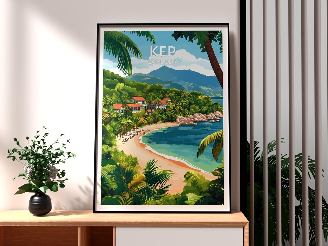 Kep Cambodia Tropical Beach Cove Palm Trees Bay Travel Poster