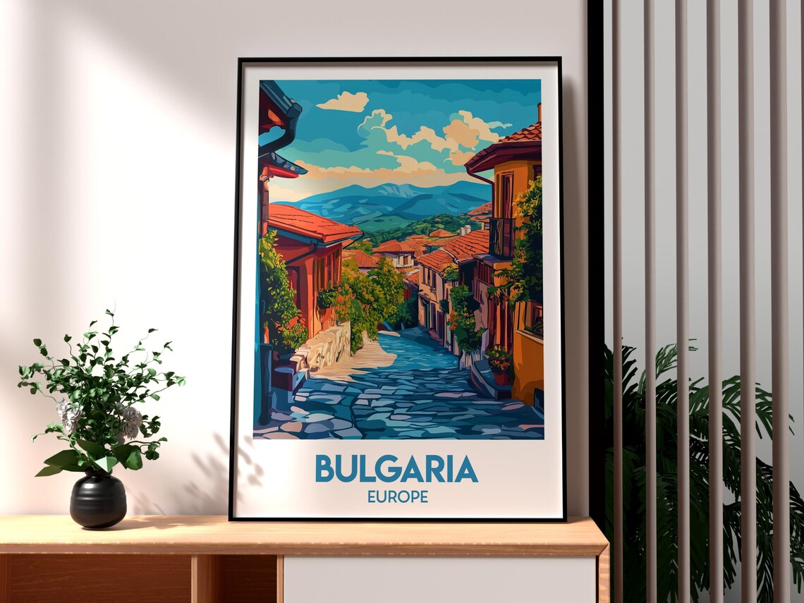 Bulgaria Europe Cobblestone Village Mountain Street Travel Poster