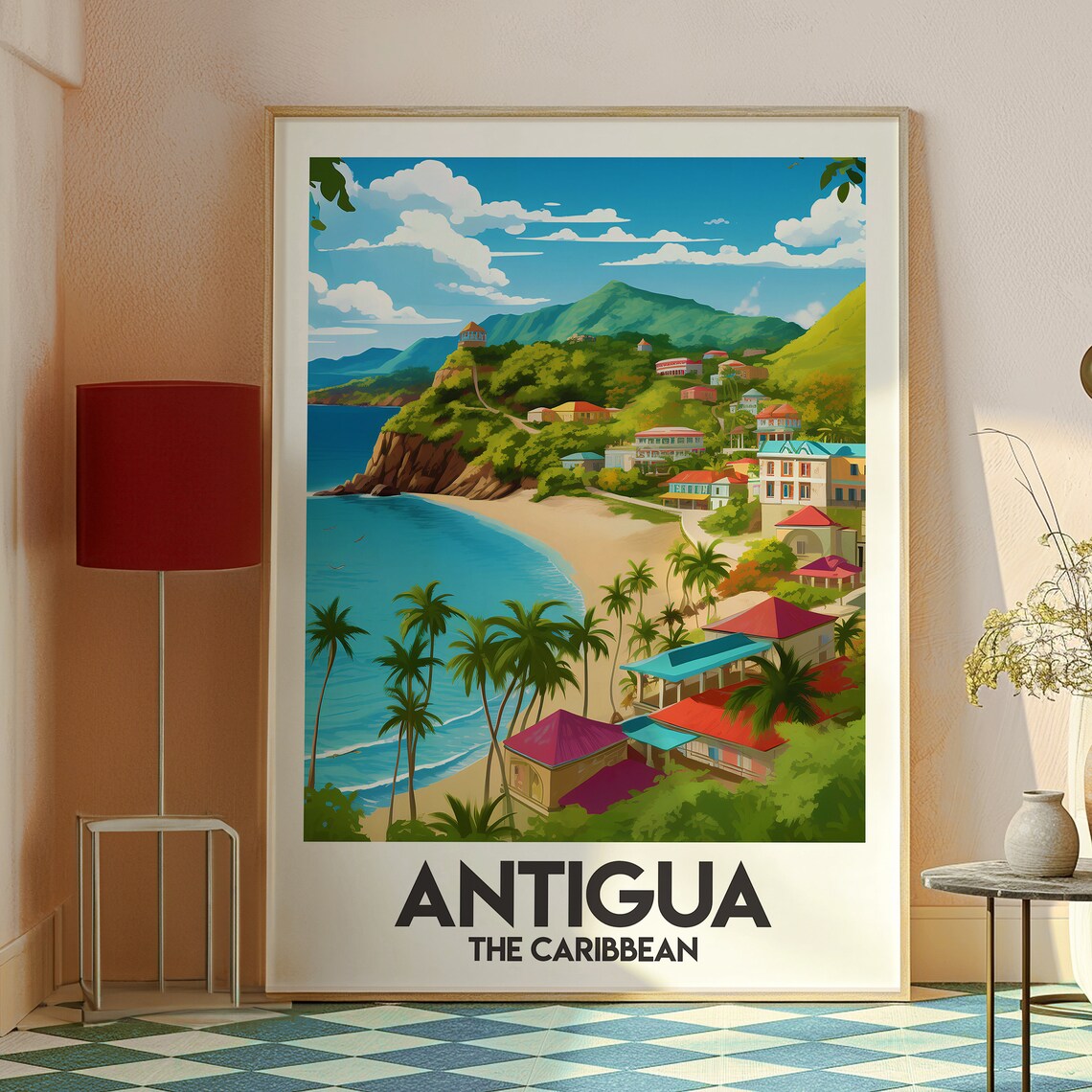 Antigua Caribbean Sandy Beach Palm Trees Hillside Town Travel Poster - Image 2