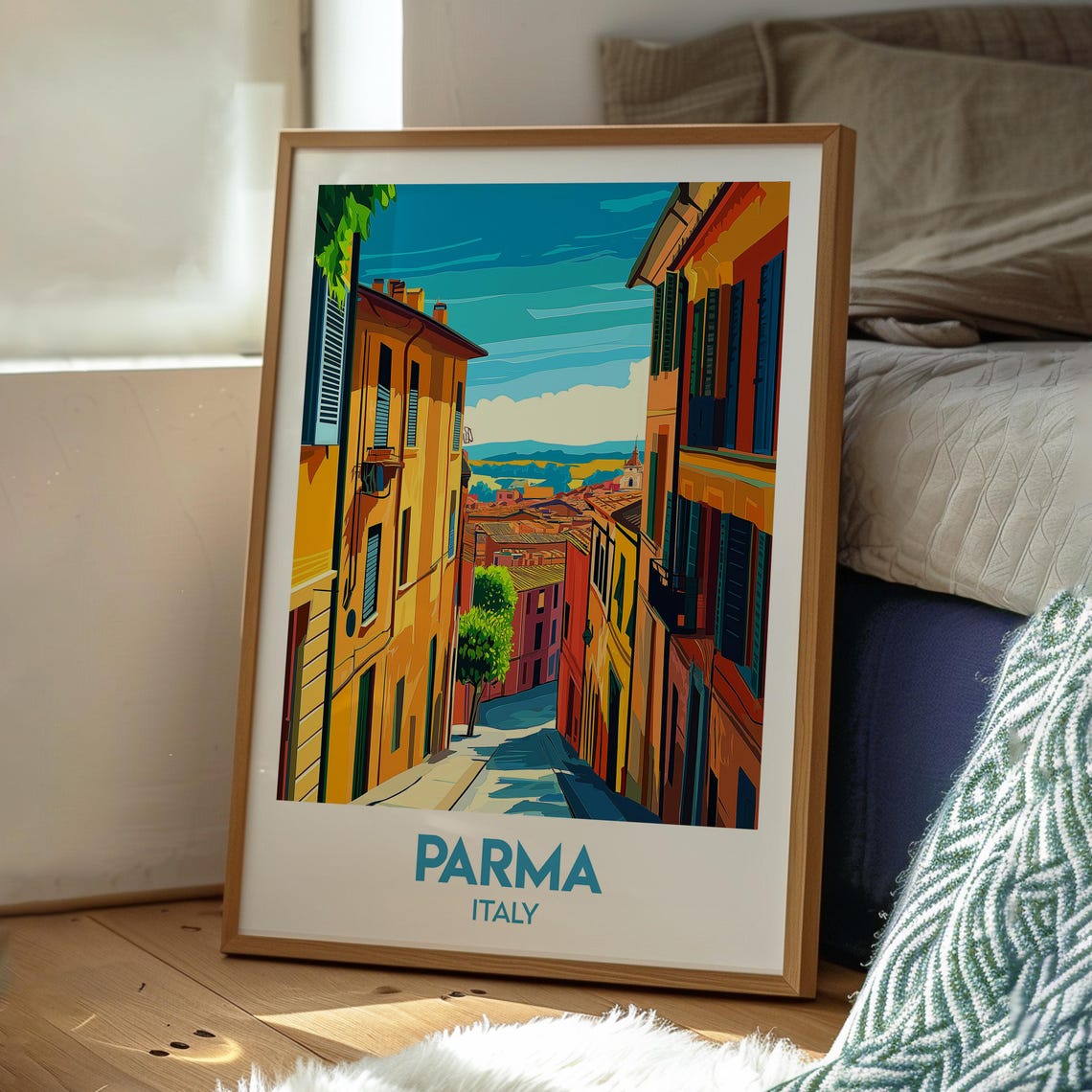 Parma Italy Sunlit Colorful Street with Shuttered Houses Poster - Image 3