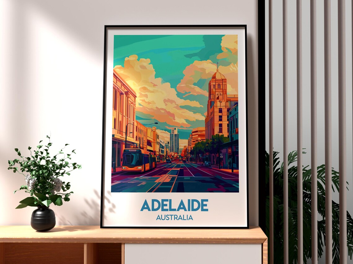 Adelaide Australia City Tram Street Skyline Sunset Travel Poster