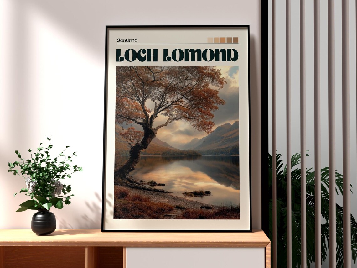 Loch Lomond Scotland Autumn Tree Calm Lake Hills Scenic Travel Poster