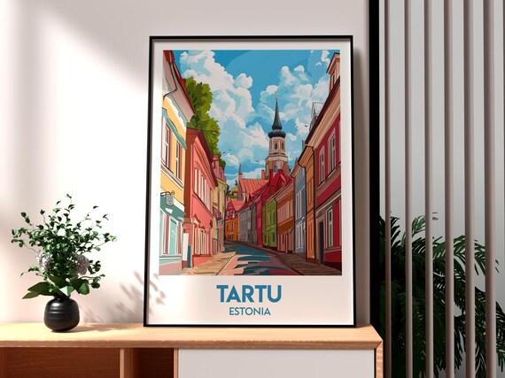 Tartu Estonia Colorful Old Town Street Church Vintage Travel Poster
