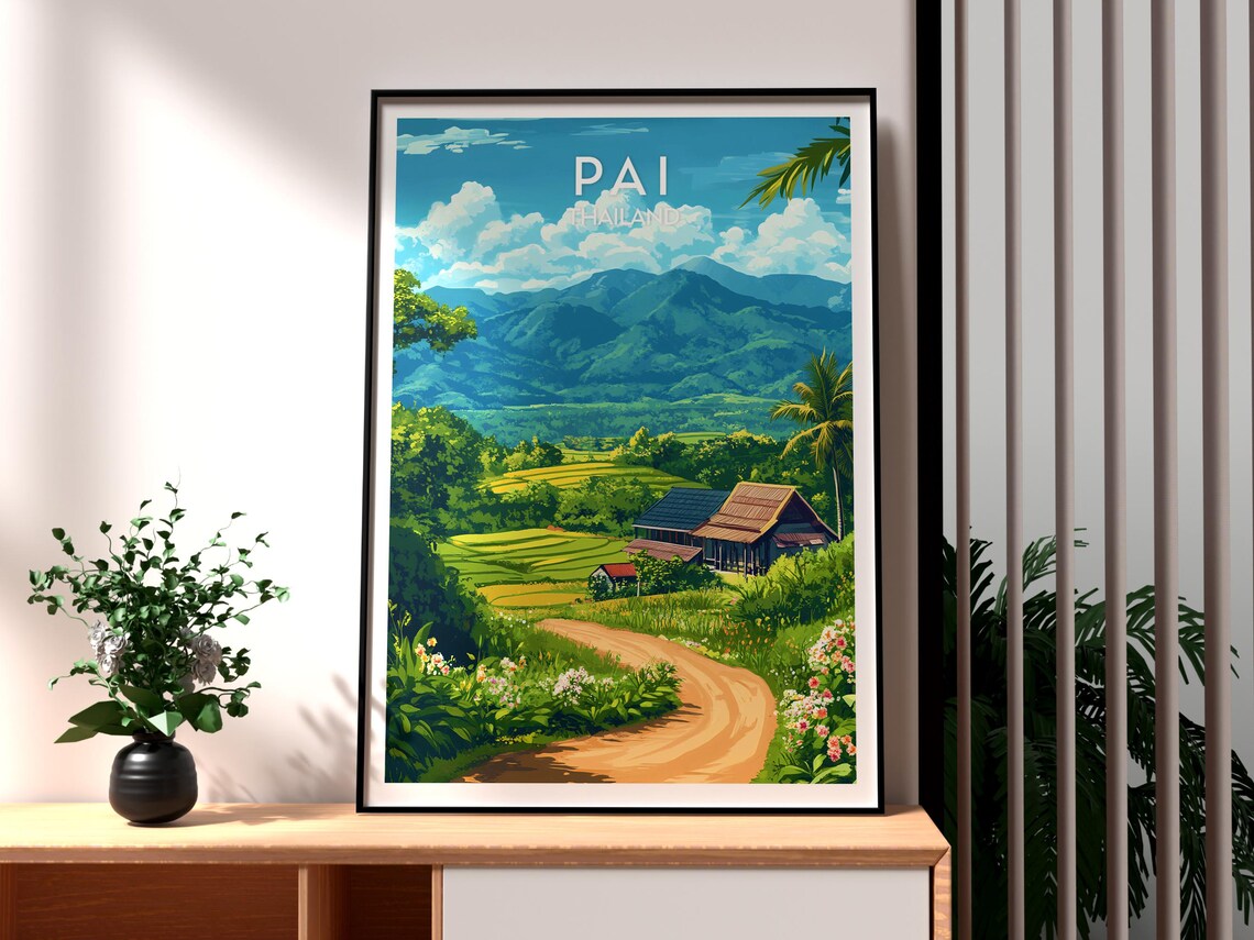 Pai Thailand Lush Rice Paddy Mountain Valley Landscape Travel Poster