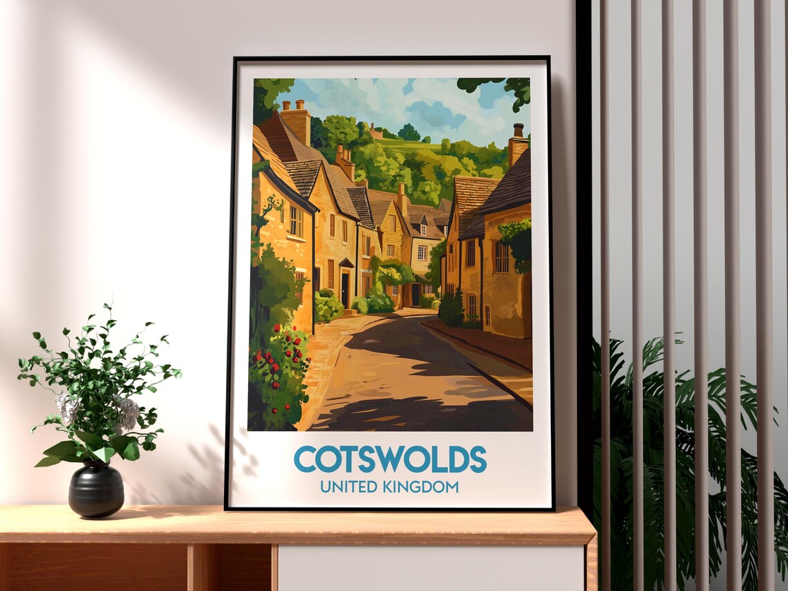 Cotswolds United Kingdom Stone Village Street Vintage Travel Poster