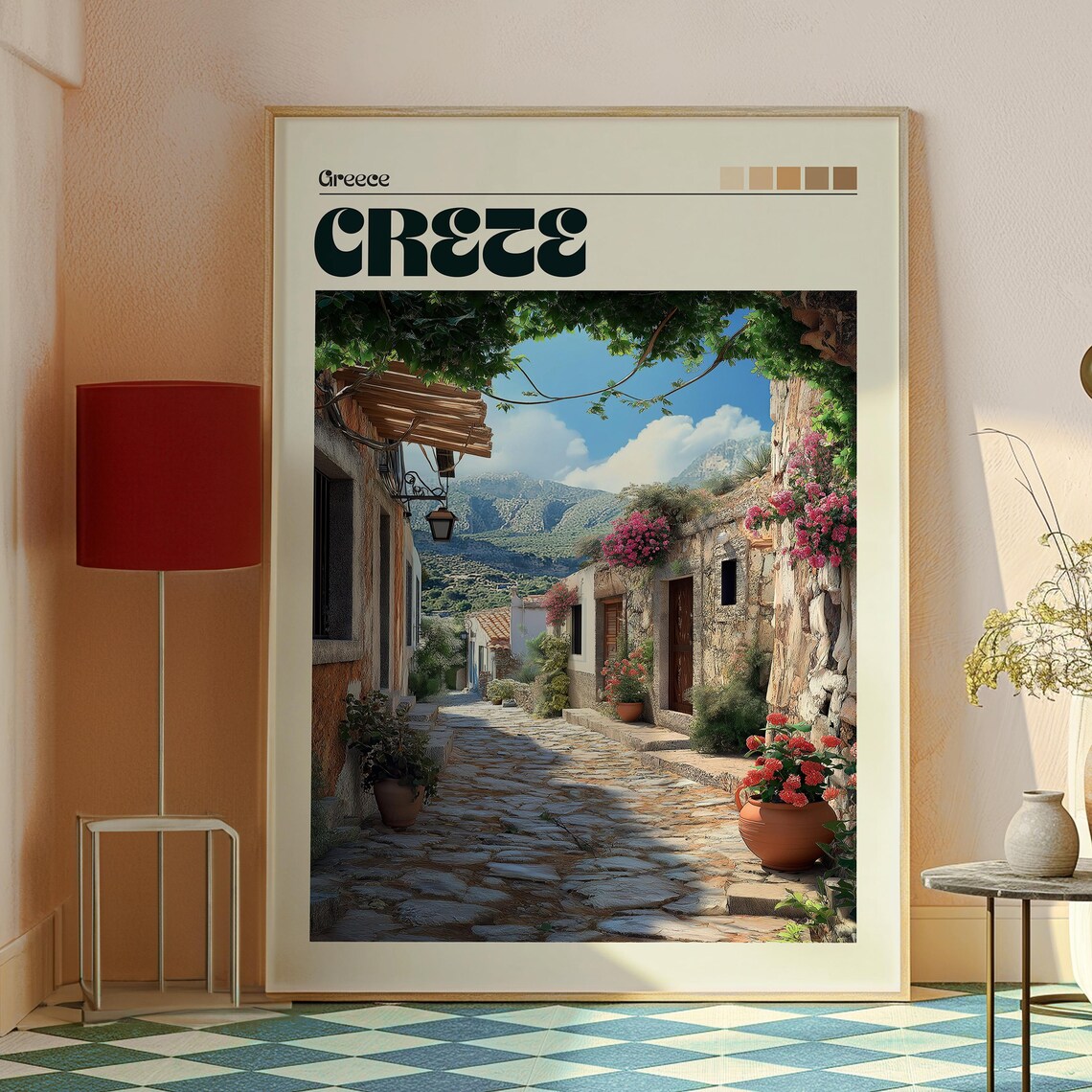 Crete Greece Old Stone Village Alley Flowers Mountain Travel Poster - Image 2