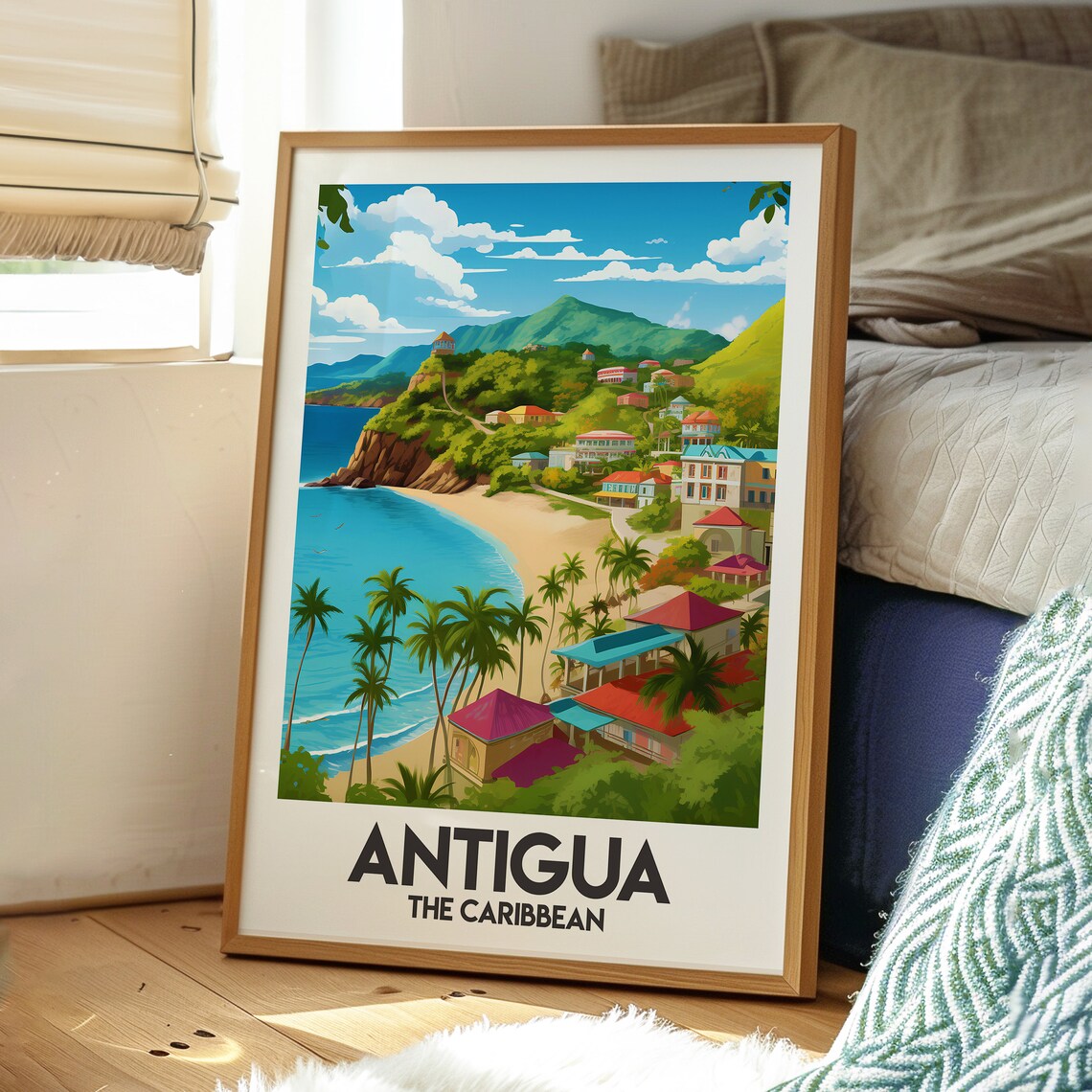 Antigua Caribbean Sandy Beach Palm Trees Hillside Town Travel Poster - Image 3