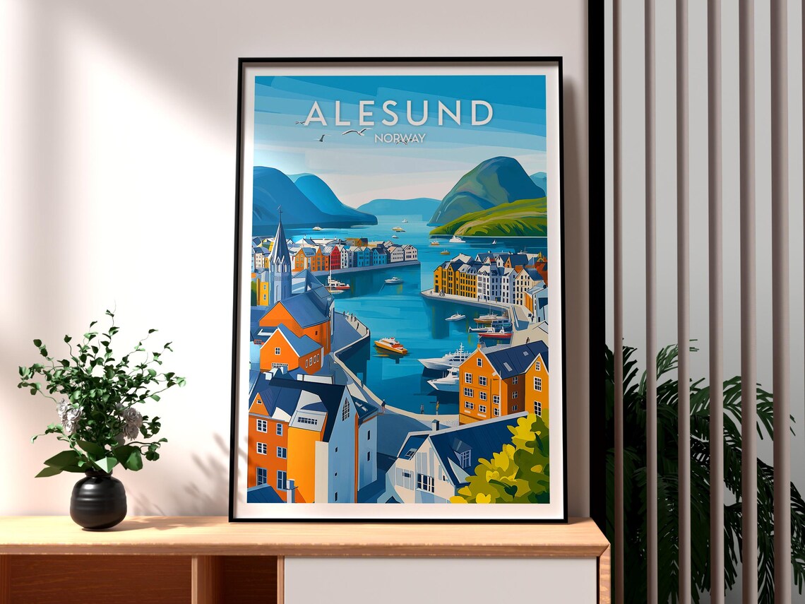 Retro Alesund Norway Fjord Harbor Colorful Houses Travel Poster