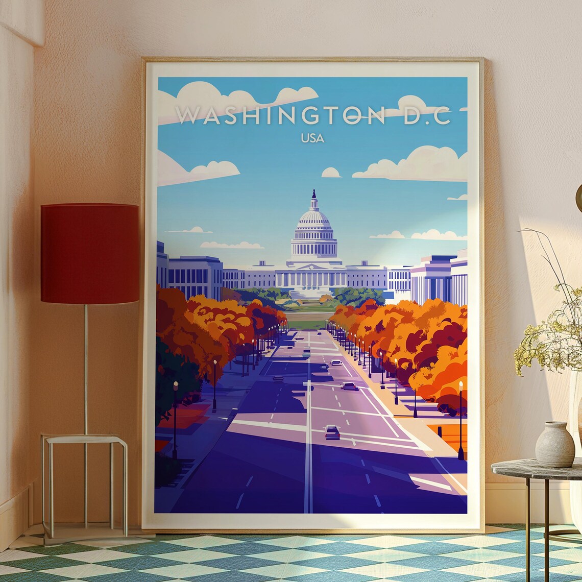 Washington DC Retro Travel Poster US Capitol Autumn Avenue Art - Image 2