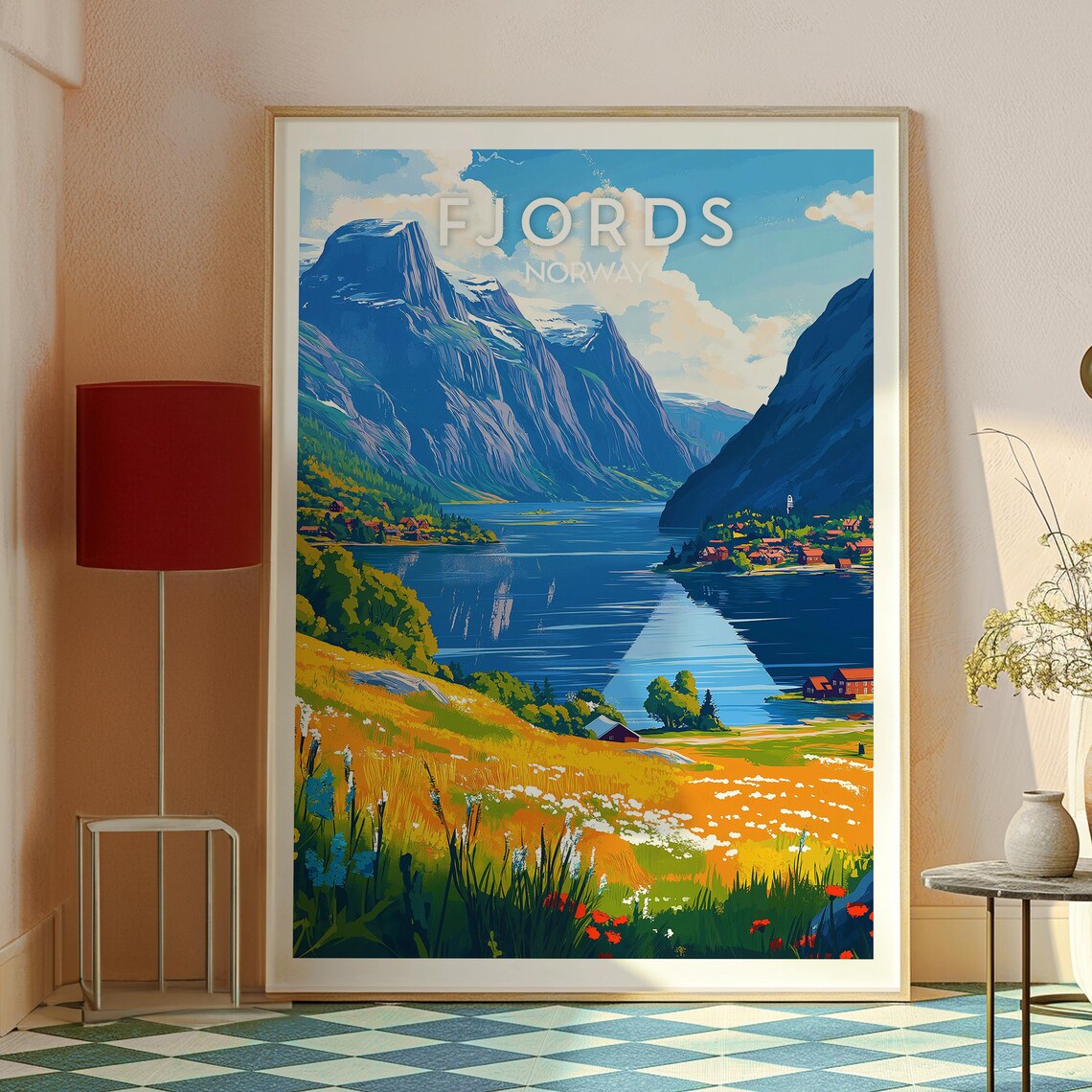 Norway Fjords Snowy Mountains Wildflower Meadow Water Travel Poster - Image 2