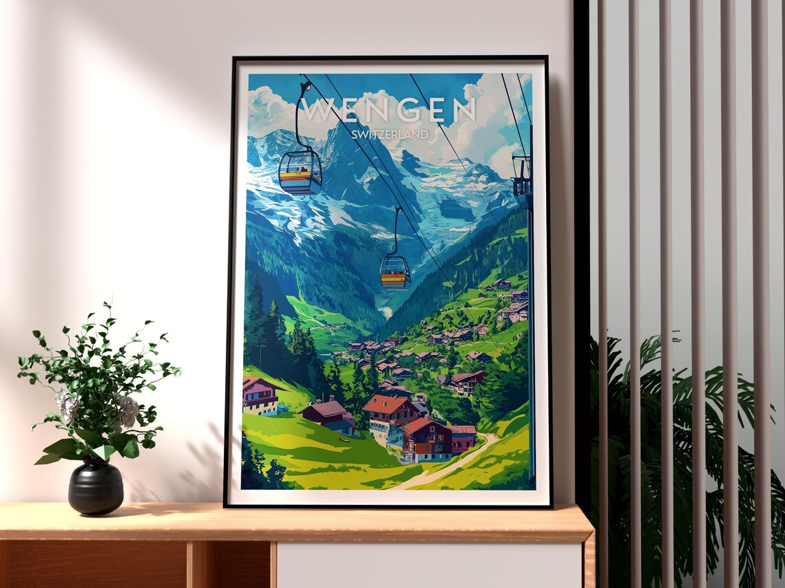 Wengen Poster, Swiss Alps Skiing Chalets Art Print