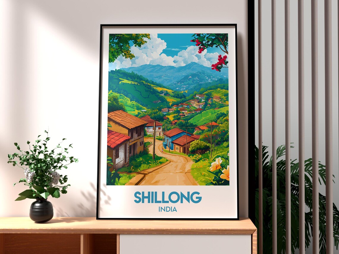 Shillong India Hillside Village Red Roofs Green Hills Travel Poster