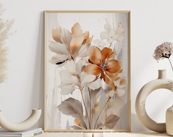 Floral Wall Art Bedroom Natural Tones Abstract Illustration Beige Brown Design Living Room Elegant Decoration Artwork