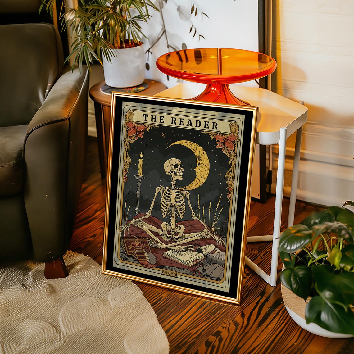 The Reader Tarot Print Skeleton Card Wall Art Book Lover Gift Witchy Reading Nook Bookish Library Decor - Image 4