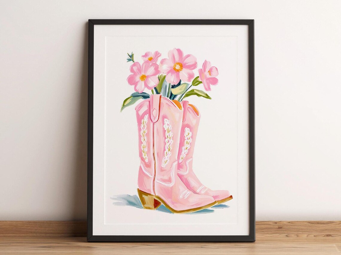 Pink Cowboy Boots With Pink Flowers Western Cowgirl Floral Poster