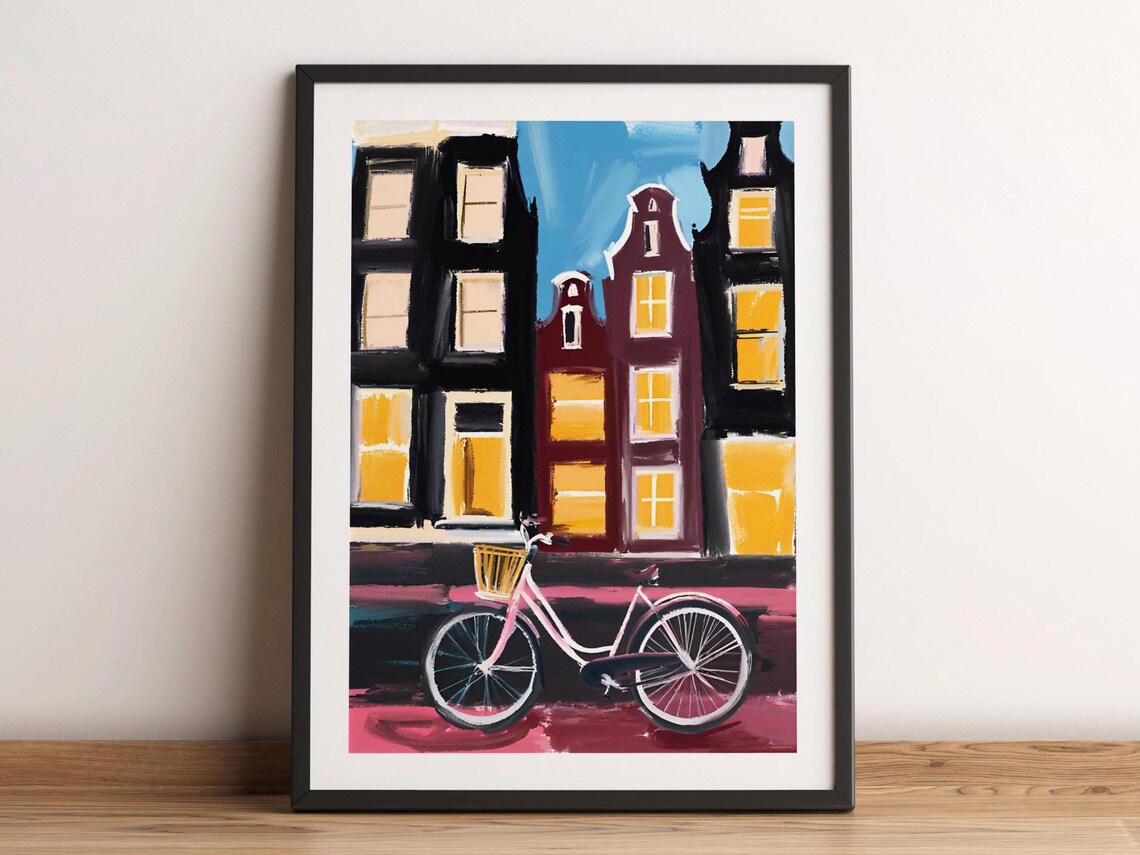 Amsterdam Canal Houses At Night With Pink Bicycle Street Poster