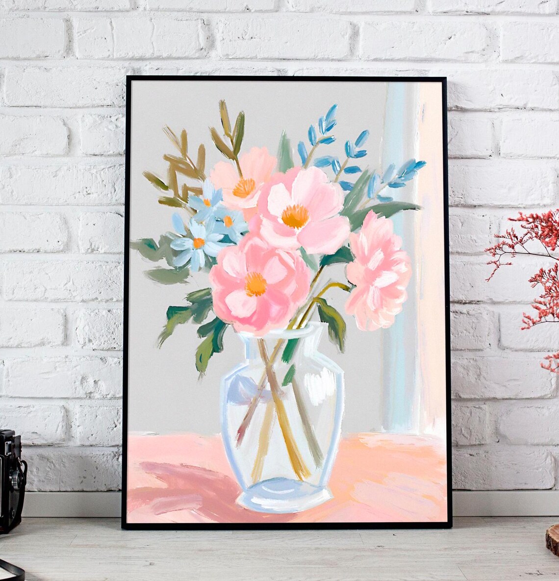 Pink and Blue Pastel Flowers in Glass Vase Soft Floral Painting Poster