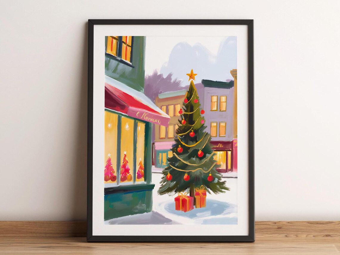 Christmas Town Snowy Street Tree Gifts Holiday Storefront Art Poster