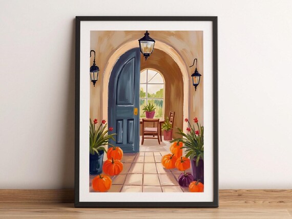 Pumpkin Halloween House Watercolor Painting Cozy Fall Wall Print Autumn Spooky Whimsical Haunted Home Decor