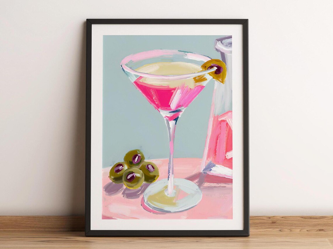 Pink Cocktail Martini Olives Pop Art Retro Bar Drink Painting Poster