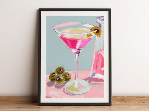 Pink Cocktail Martini Olives Pop Art Retro Bar Drink Painting Poster