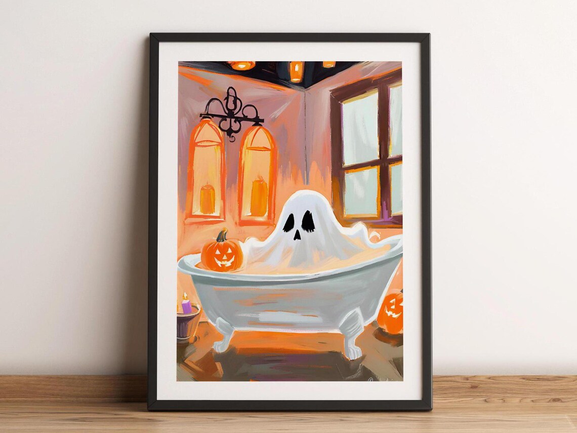 In Bathtub Wall Art Halloween Painting Whimsical Bathroom Print Spooky Bubblebath Home Autumn Decor